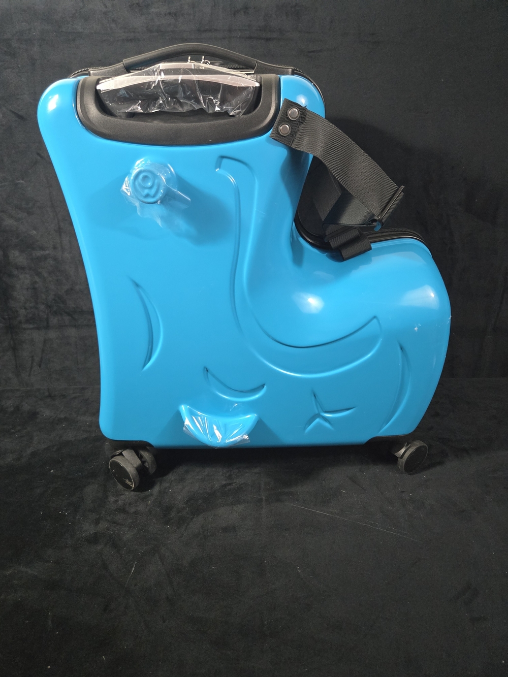 Kids Blue Ride-On Rolling Luggage with Shoulder Strap